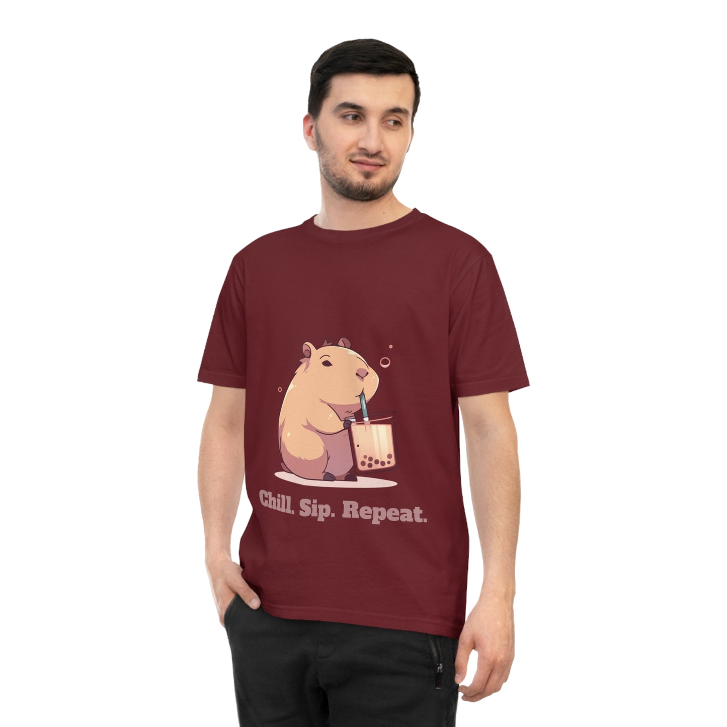 Chill, Sip, Repeat – koszulka z kapibarą i bubble tea | zabawna koszulka uniseks na lato