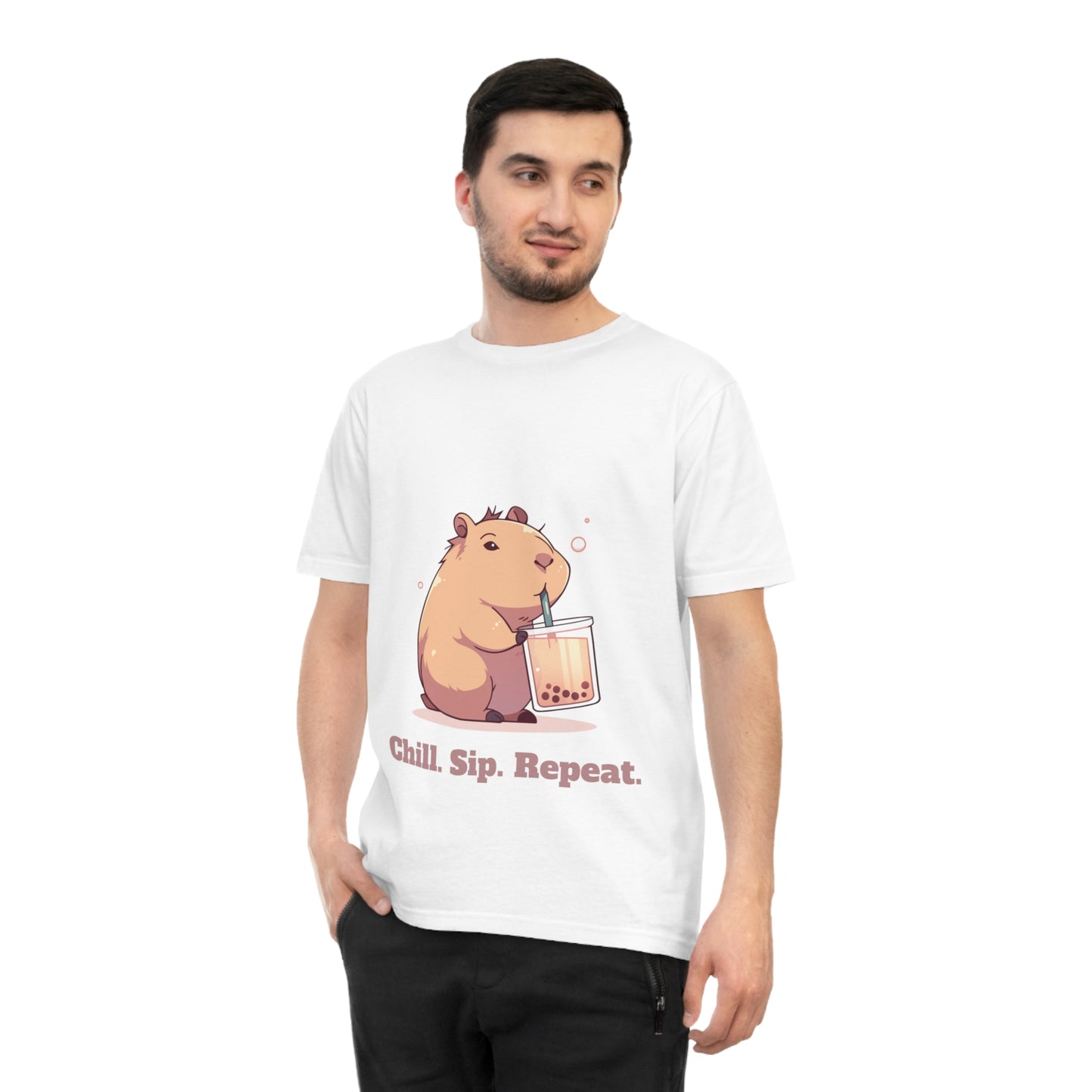 Chill, Sip, Repeat – koszulka z kapibarą i bubble tea | zabawna koszulka uniseks na lato