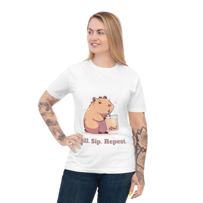 Chill, Sip, Repeat – koszulka z kapibarą i bubble tea | zabawna koszulka uniseks na lato